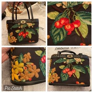Rare Vintage Isabella Fiore Embellished Fruit Basket Beaded Leather Handbag
